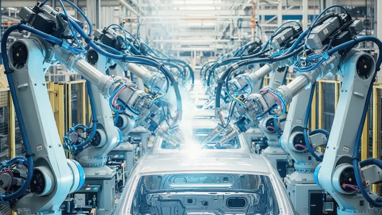 Advanced Robotic Arms in an Automotive Manufacturing Facility Engaged in Precision Welding Processes for Vehicle Assembly