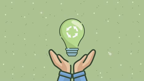 animación ecológica con las manos levantando la bombilla de reutilización