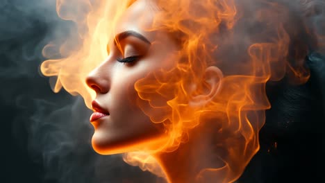 woman's profile surrounded by fiery smoke in artistic display