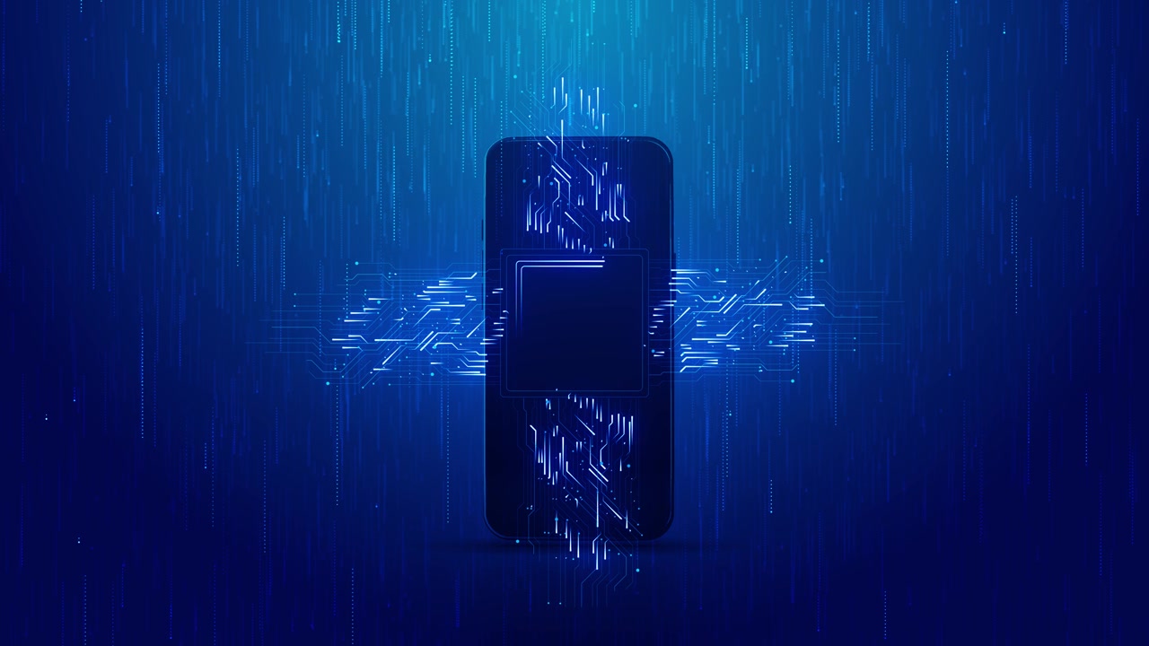 Futuristic phone processor technology visual with glowing circuit branches blue digital rain and