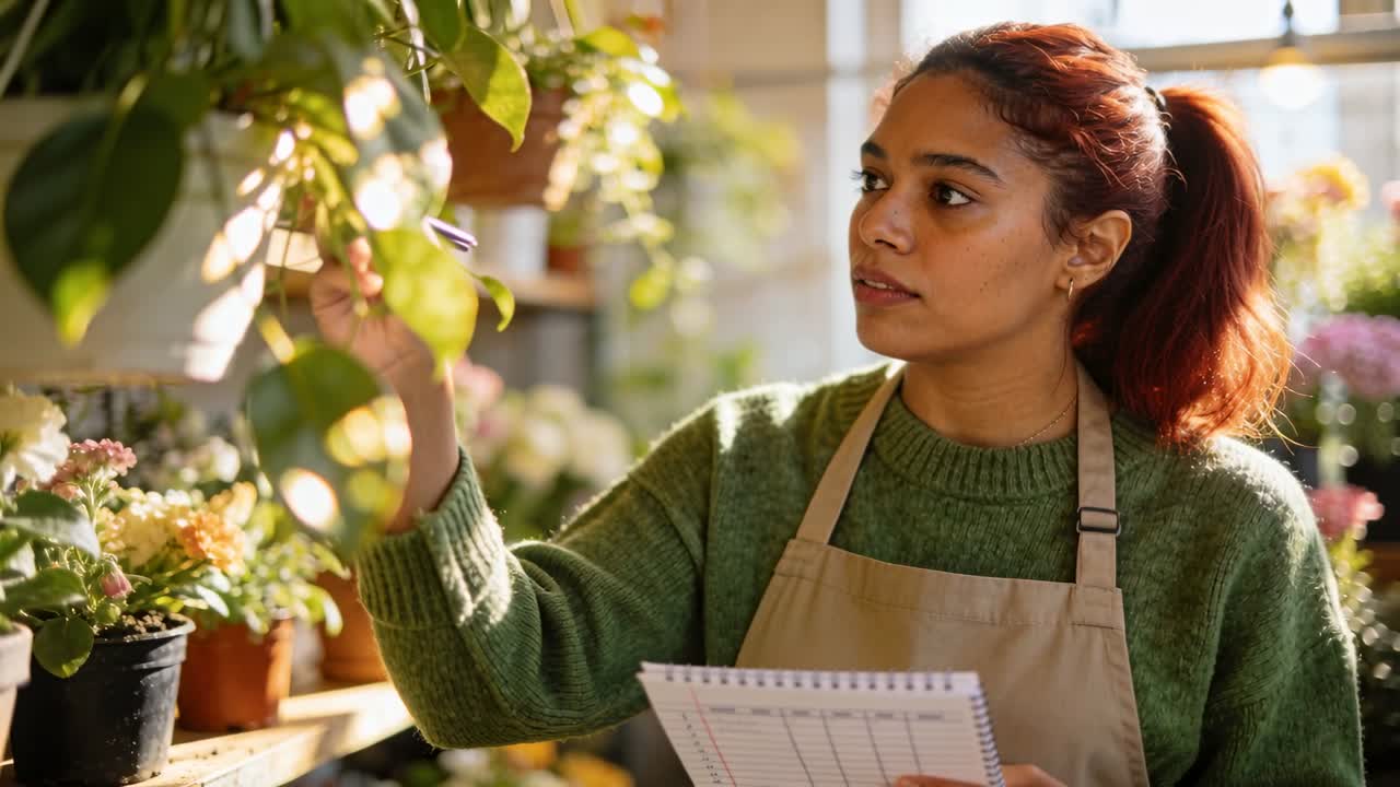 Woman in plant shop glancing up from notebook, reaching out and inspecting leaf while writing notes