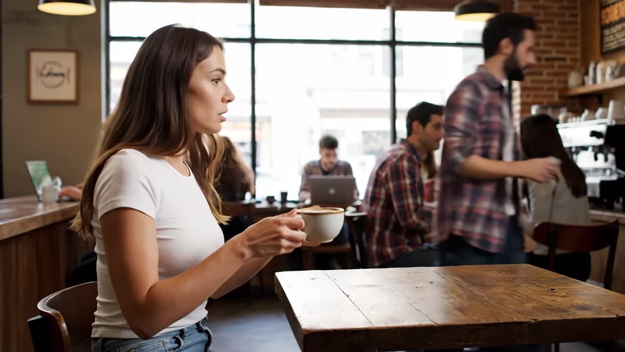 A woman in a cafe with coffee