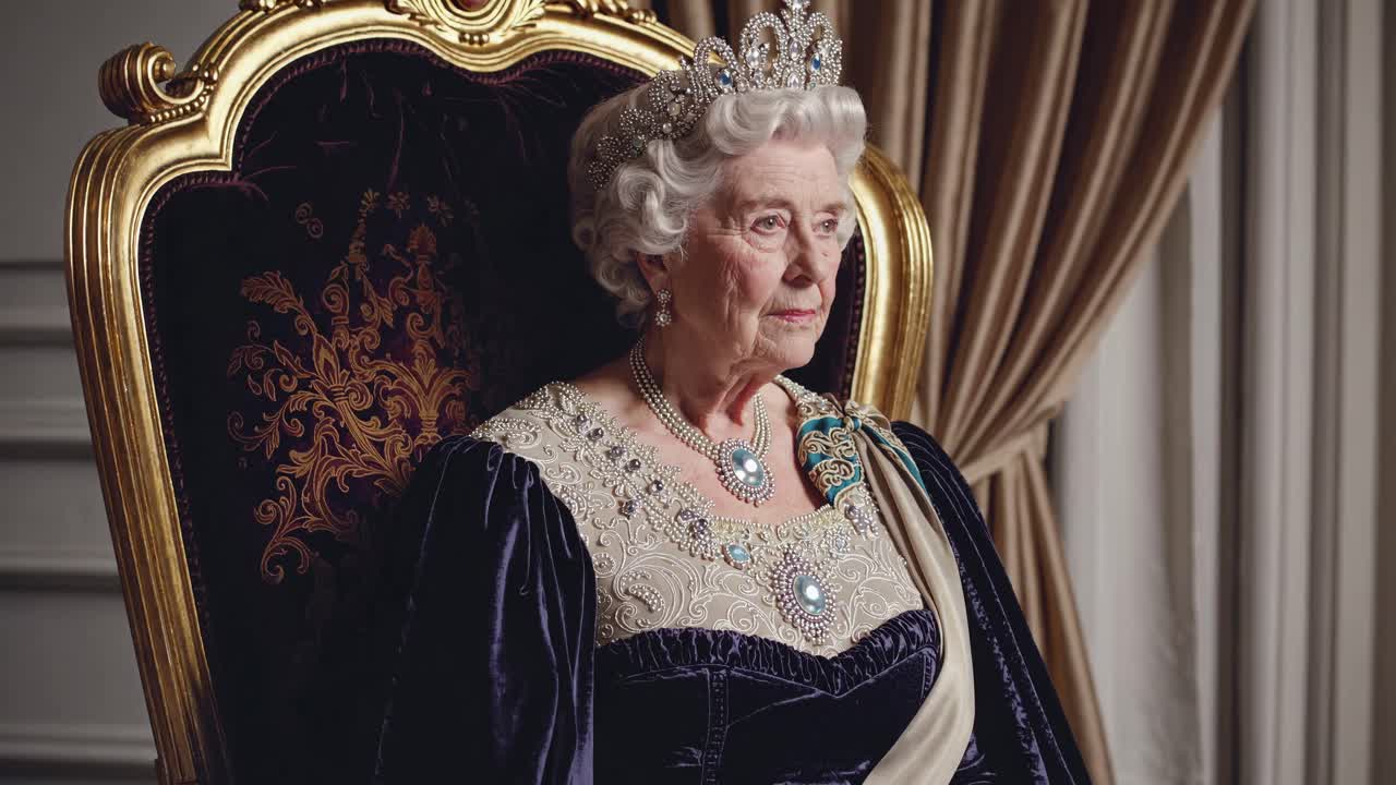 Elegant eldre kvinne i kongelig antrekk sitter på en trone, fanget i en sideprofil vinkel