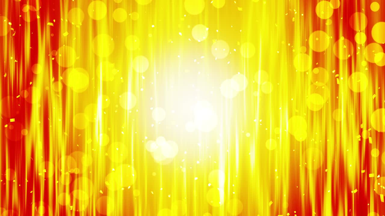 반이는 황금 콩페티, 황금색의 밝은 축제 틴셀, 색상 배경에 보케 조명, 반이는 파동 디자인, 루프 애니메이션, 텍스트를 복사하는 공간.