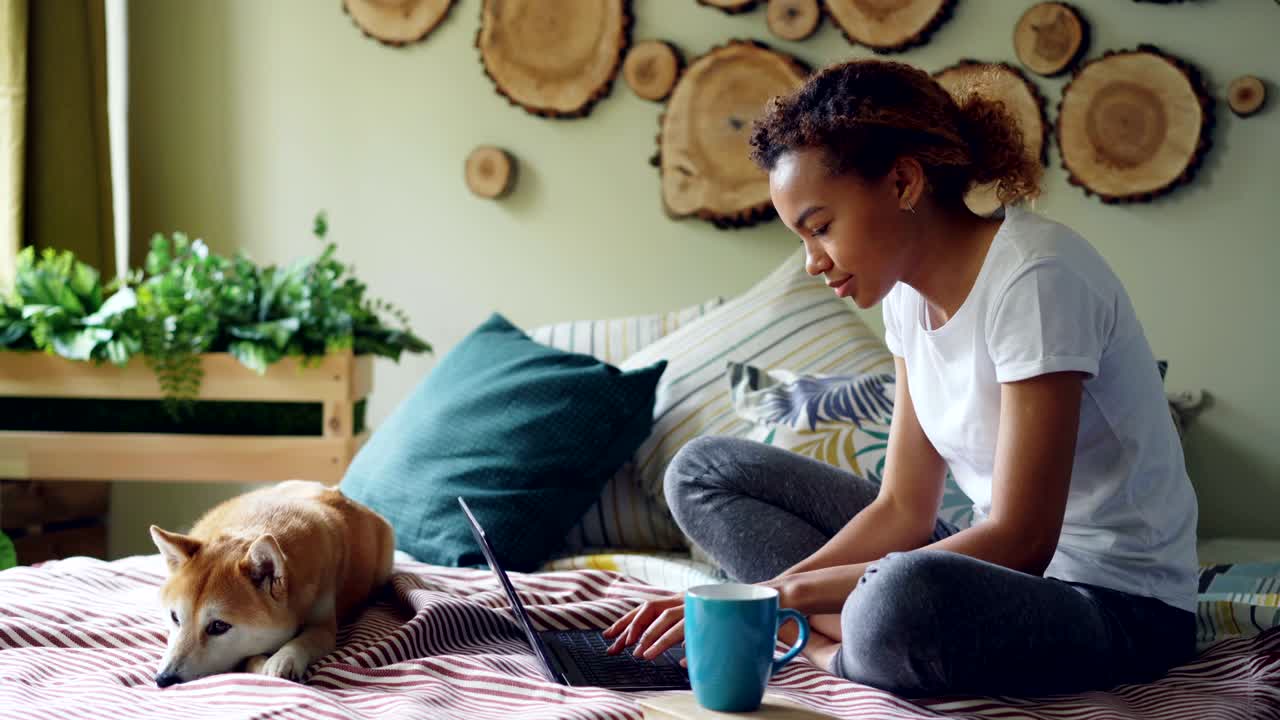 Modern African American girl is using laptop and drinking coffee sitting on bed with cute puppy relaxing at home. Technology, domestic animals and people concept.