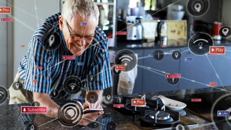 animación de la red de conexiones con iconos sobre el hombre caucásico usando un teléfono inteligente