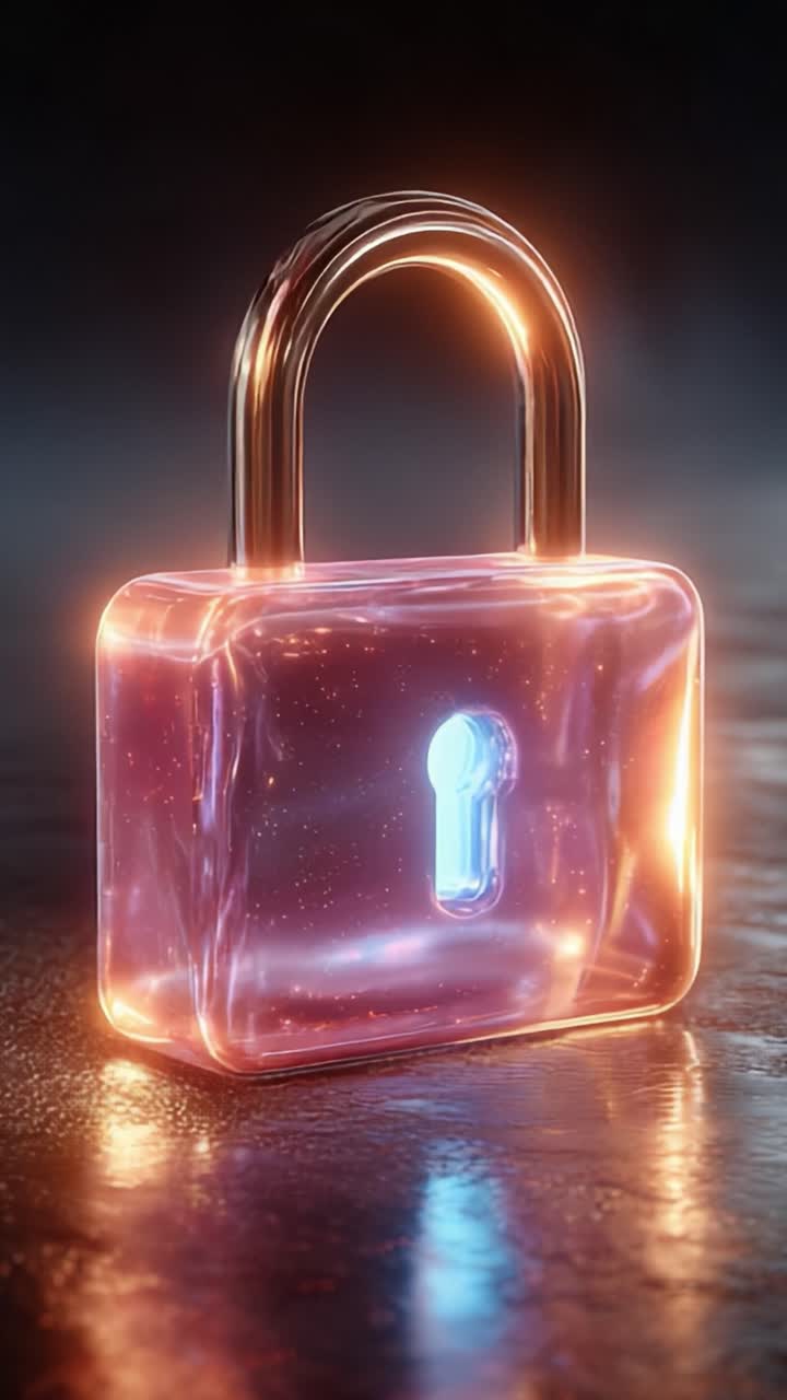 Uno straordinario primo piano di una serratura futuristica e luminosa con un design trasparente, che riflette colori vivaci e luce, a simboleggiare sicurezza e innovazione