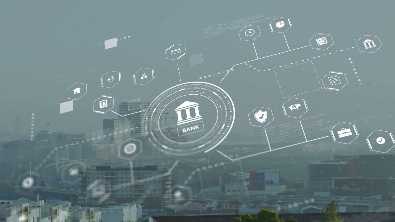 Faint HUD circle starting BANK emblem growing, hex nodes expanding, mapping urban finance