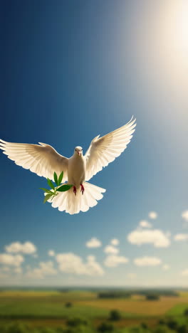 white dove with olive branch flying in blue sky