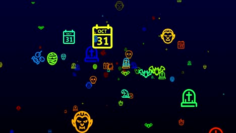 halloween icons, animation loop. seamless pattern background. multicolored halloween icons appear, fly slowly on black backdrop