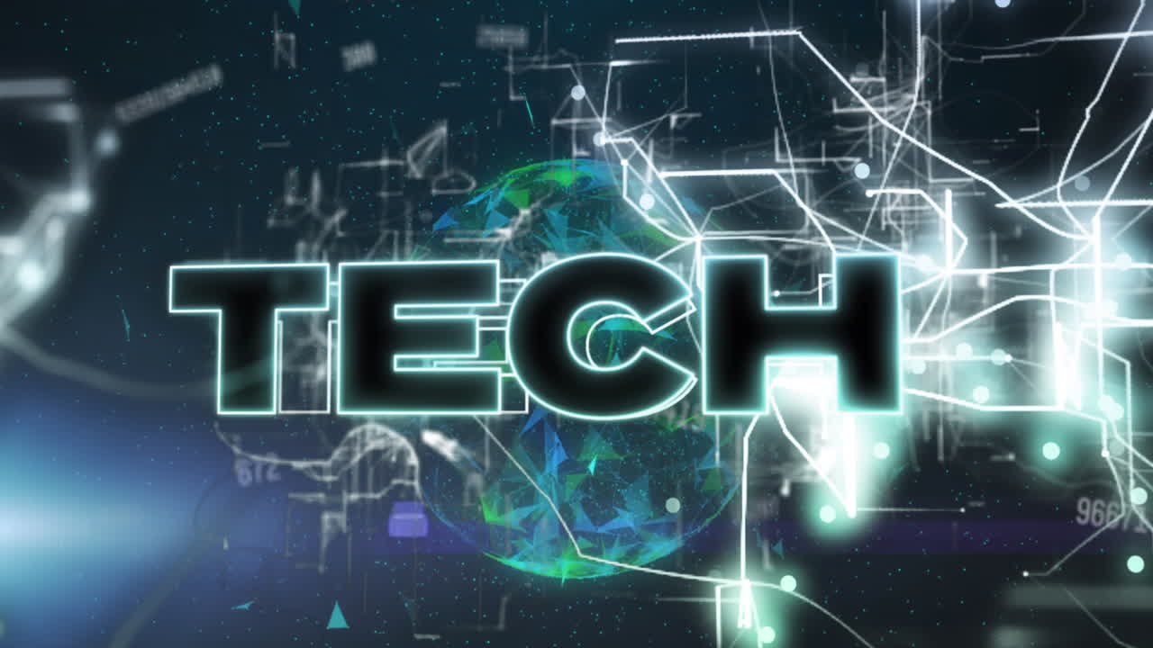 Animation of tech text banner and light trails over changing numbers and globe of plexus networks