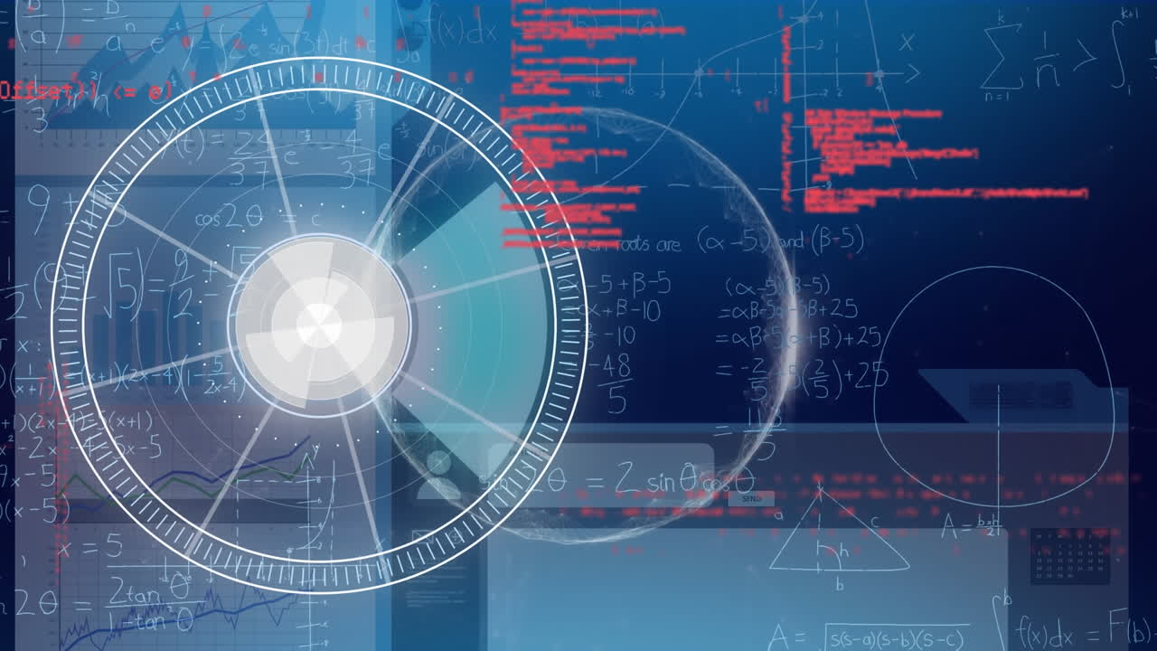 네온 둥근 스캐너, 데이터 처리 및 파란색 배경에 수학 방정식의 애니메이션
