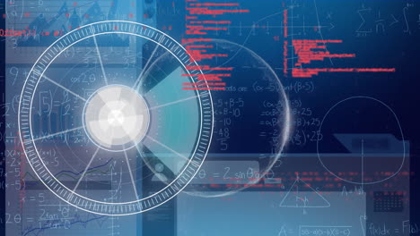 Animation of neon round scanner, data processing and mathematical equations on blue background