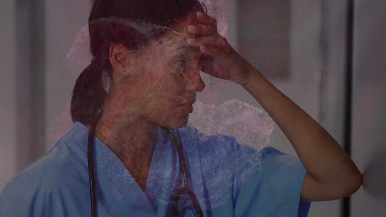 ondas digitales contra una trabajadora de la salud estresada sentada en el pasillo del hospital