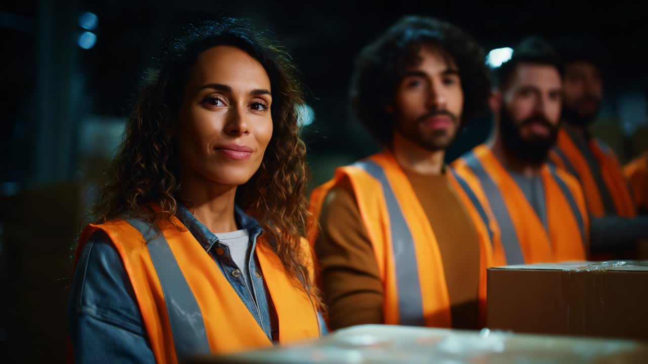 A group of dedicated individuals, dressed in bright safety vests, showcases teamwork and collaboration in a busy warehouse environment while handling packages and preparing for distribution
