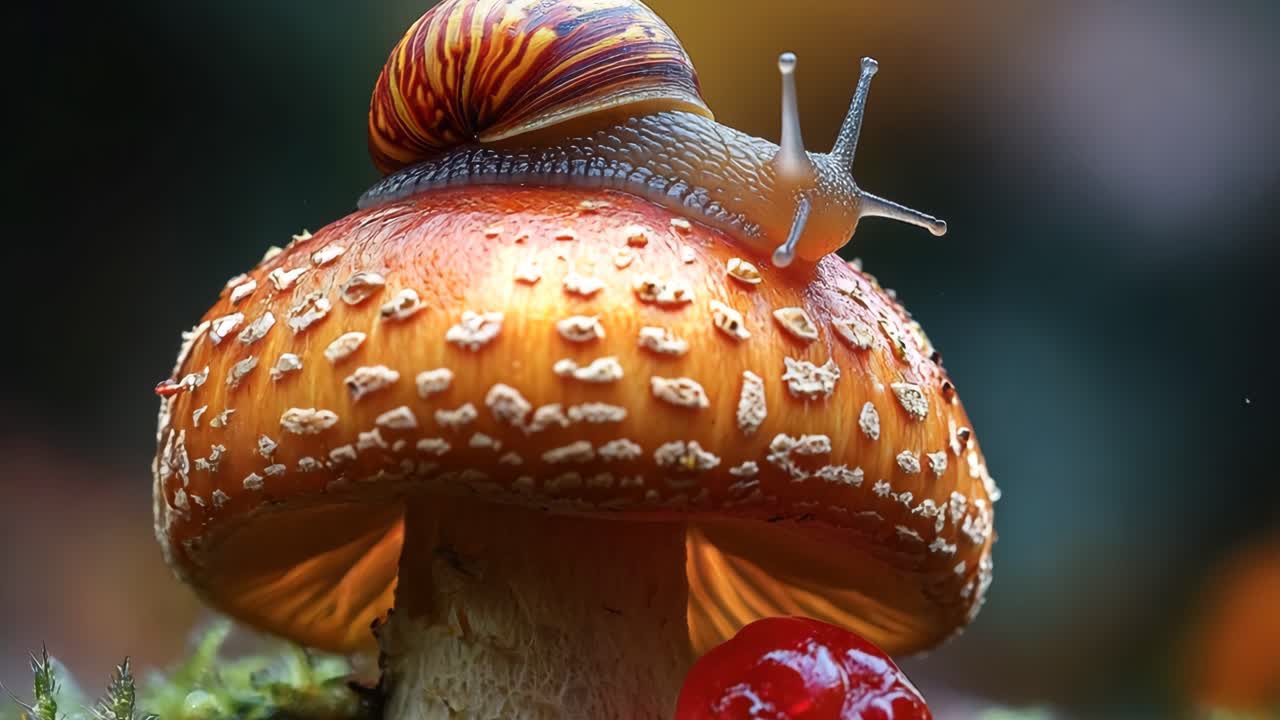 A mushroom with a snail on top of it. The mushroom is orange and the snail is brown