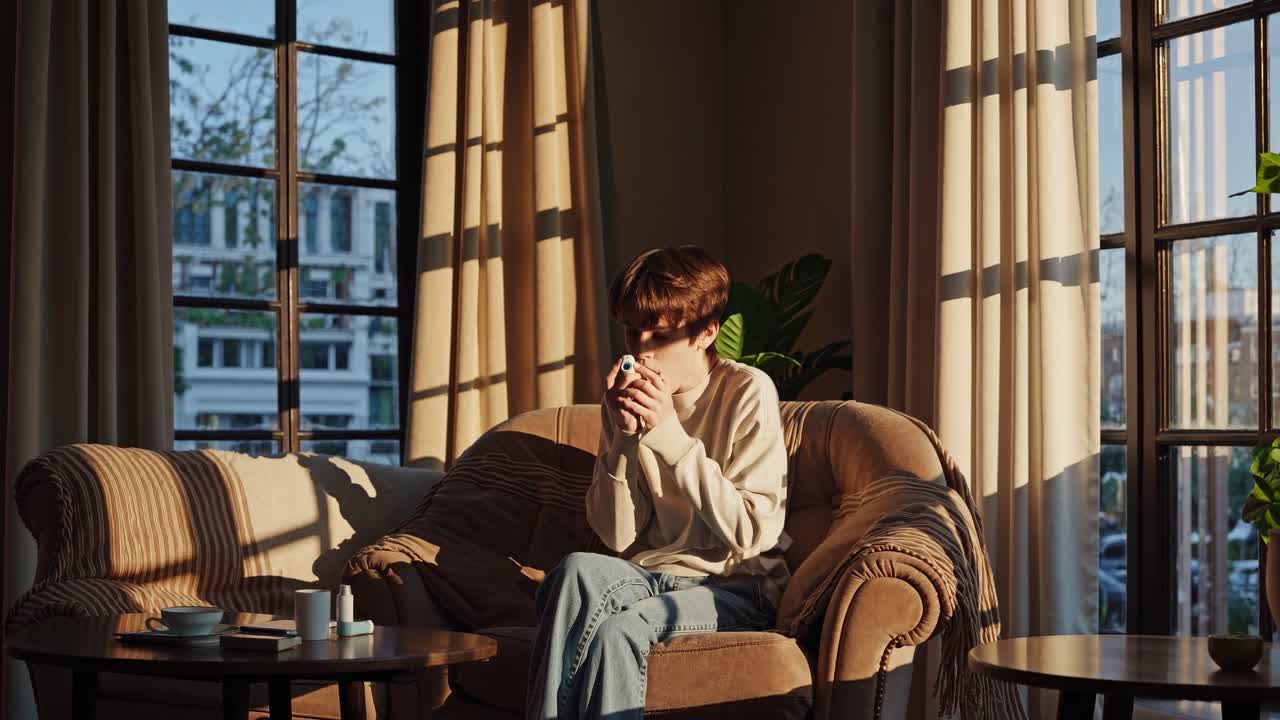 A cozy living room scene with a person sipping coffee on a sofa