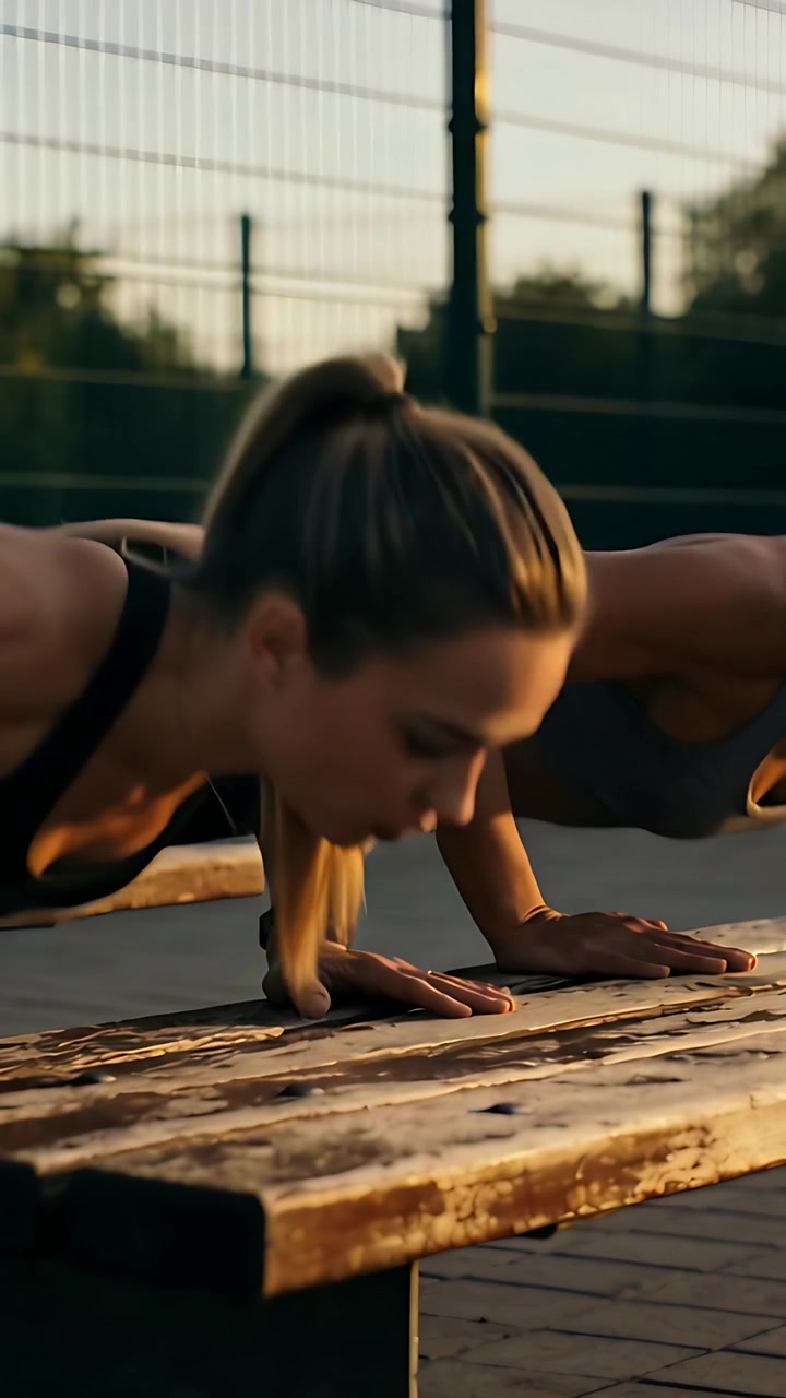 Vertical video: Low camera capturing two women in sports bras training bench pushups at park, watch
