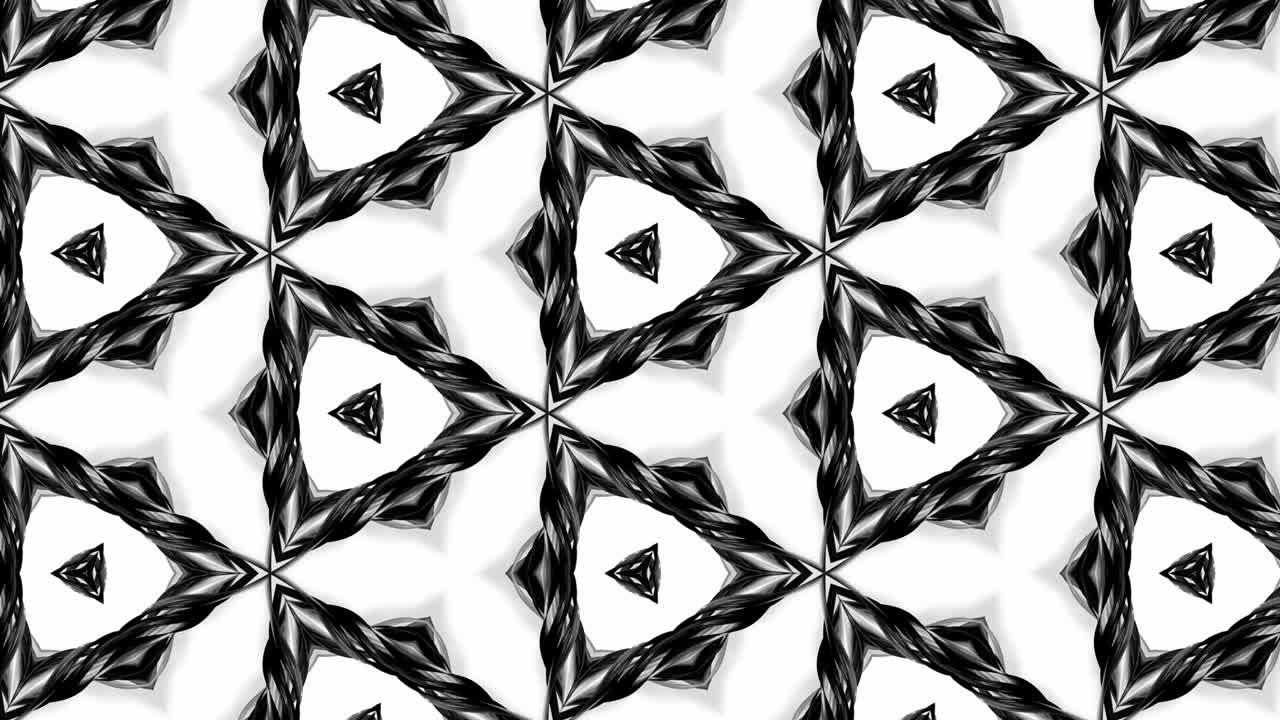 animación en bucle sin costuras de 4k de patrón en blanco y negro con cintas son retorcidas y forman estructuras circulares complejas como patrón de adorno simétrico o caleidoscópico