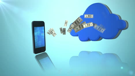 dinero saliendo de un teléfono inteligente y llegando en una nube