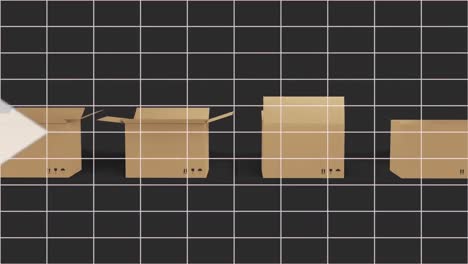 Animation-of-white-arrows-over-cardboard-boxes-moving-over-grid-on-black-background