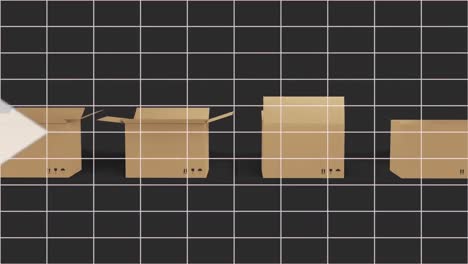 animation of white arrows over cardboard boxes moving over grid on black background