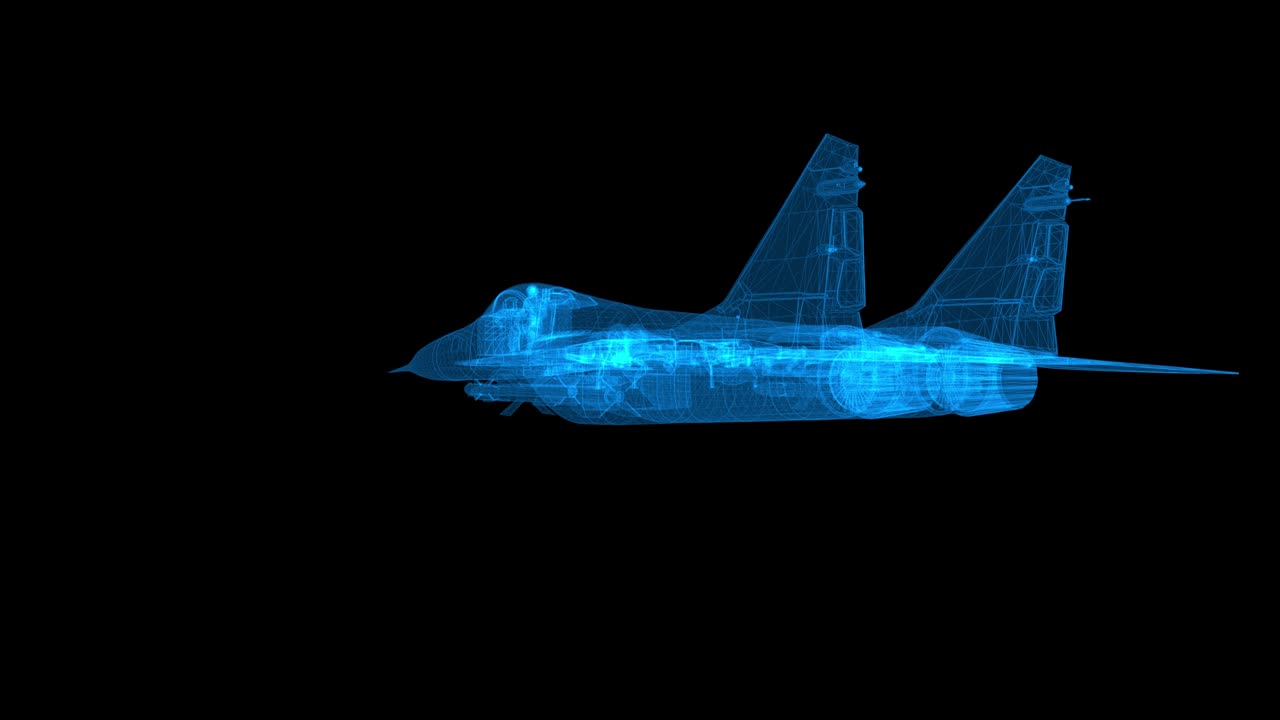 Military plane 3d wireframe with thin blue lines. Aviation futuristic hologram on black background. Loop animation