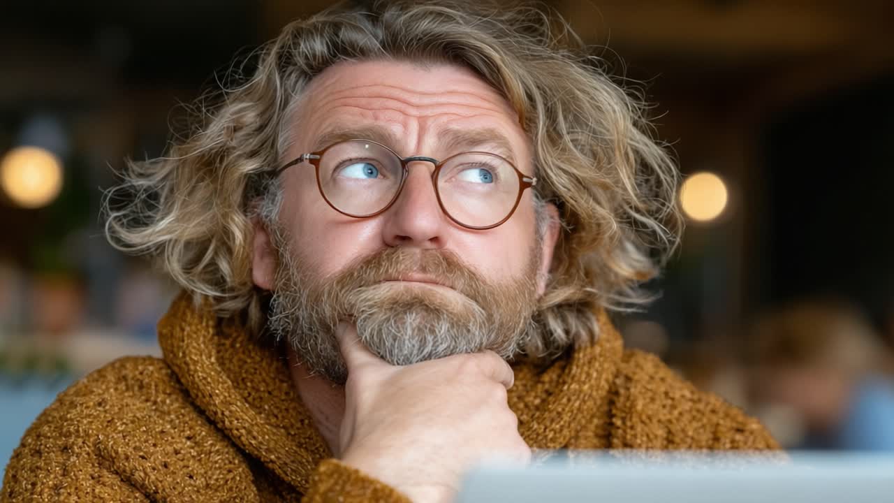 Contemplative Man in a Cozy Sweater Deep in Thought at a Café, Displaying a Pensive Expression While Engaging With His Surroundings