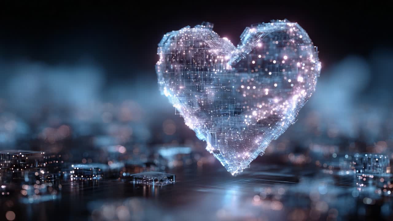 A stunning digital representation of a glowing heart, illuminated with intricate patterns and shimmering lights against a blurred background, symbolizing love and connection in a virtual world