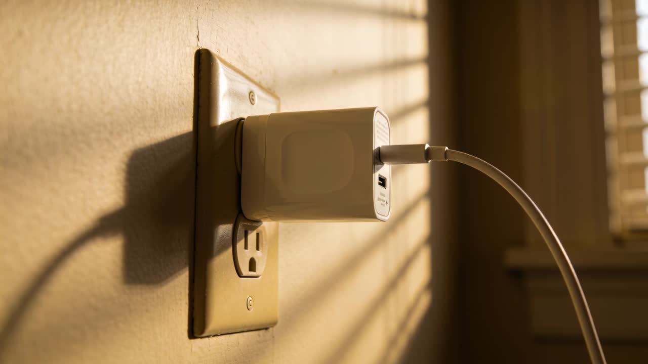 Vertical video: Shifting sunlight casting blind shadows on beige wall, USB adapter, cable settling