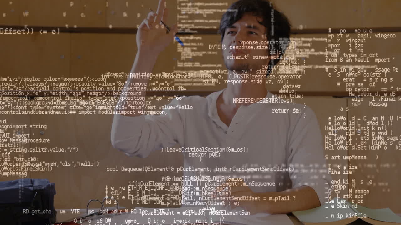 animación del procesamiento de datos digitales sobre estudiante caucásico