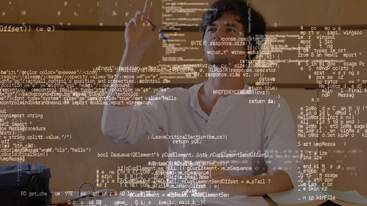 Animazione di elaborazione dati digitale su studente caucasico