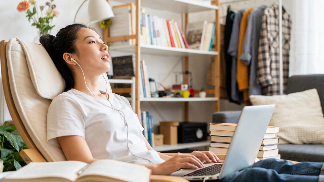 白いTシャツを着た女性が自宅でノートパソコンと本を使いタイピング、一時停止して有線イヤホンで聞く