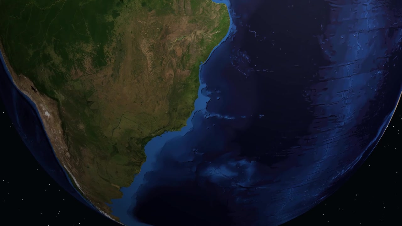 Satellite view zooms from outer space into Vila Velha Brazil with text and location marker