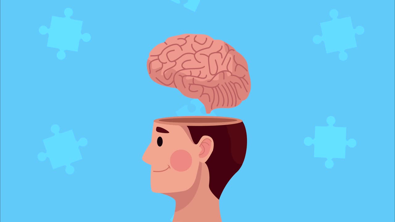mental health animation with profile human and brain
