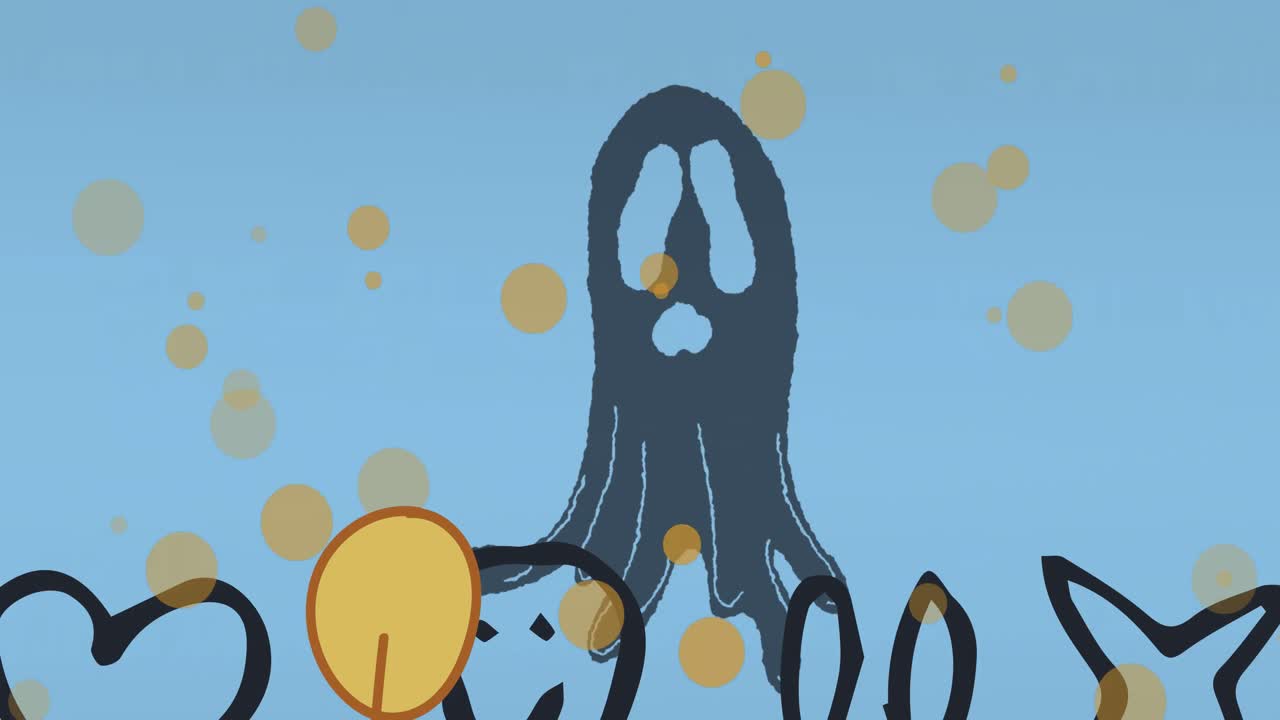 파란색 배경에 있는 유령 아이콘 위에 있는 빛의 반점들의 애니메이션.