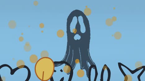 animación de puntos de luz sobre el icono de fantasma en fondo azul.