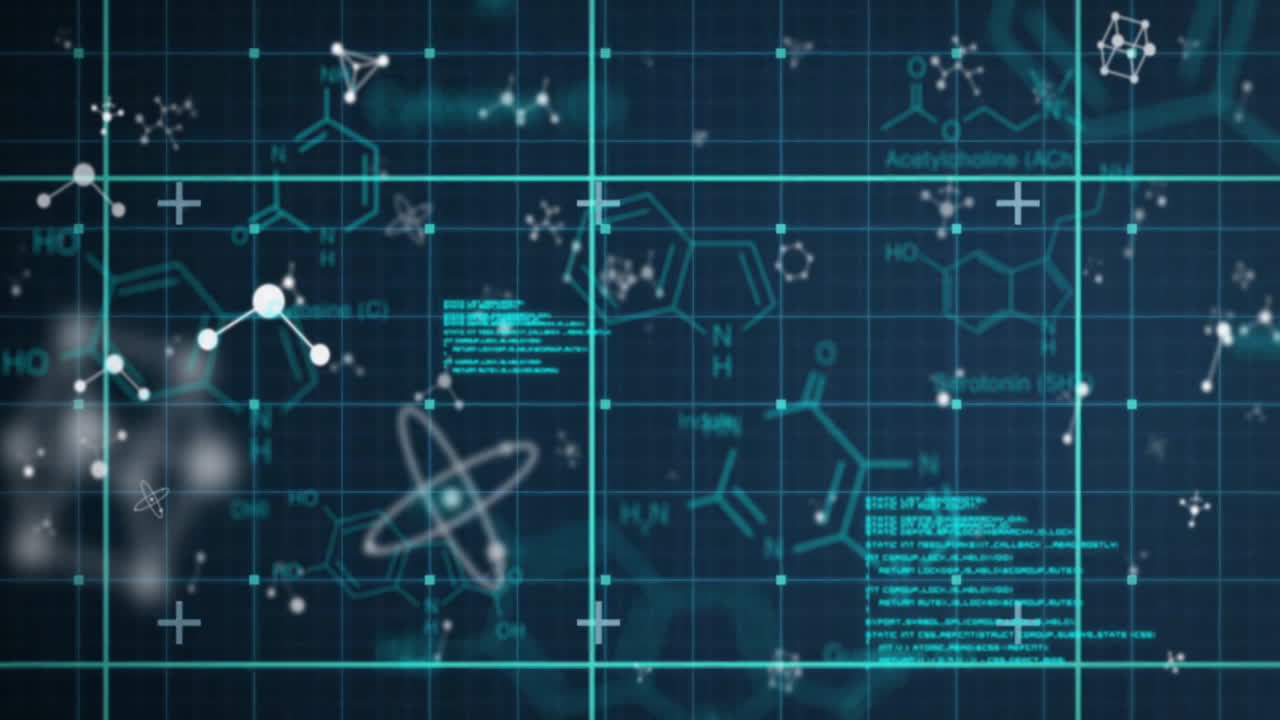 Animation of data processing with chemical formula and molecules on black background