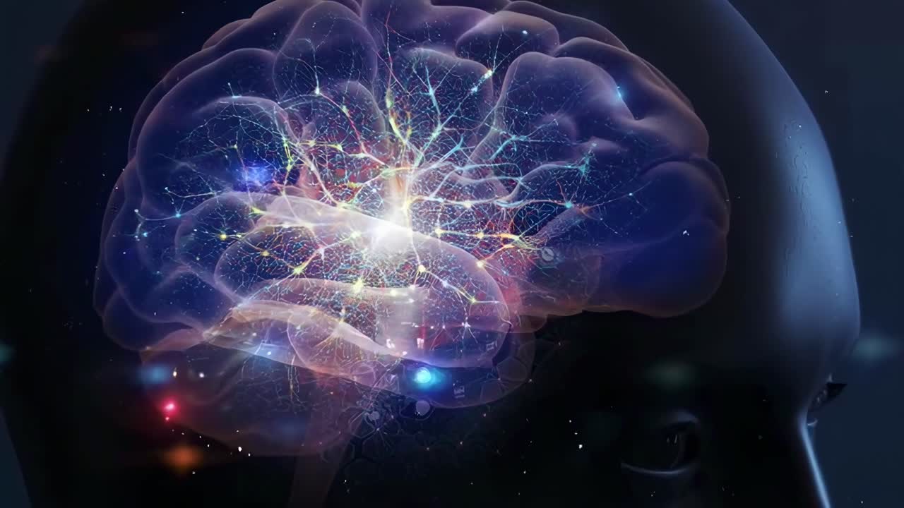Angolazione laterale di un cervello digitale con connessioni neurali, simile a un concetto video futuristico