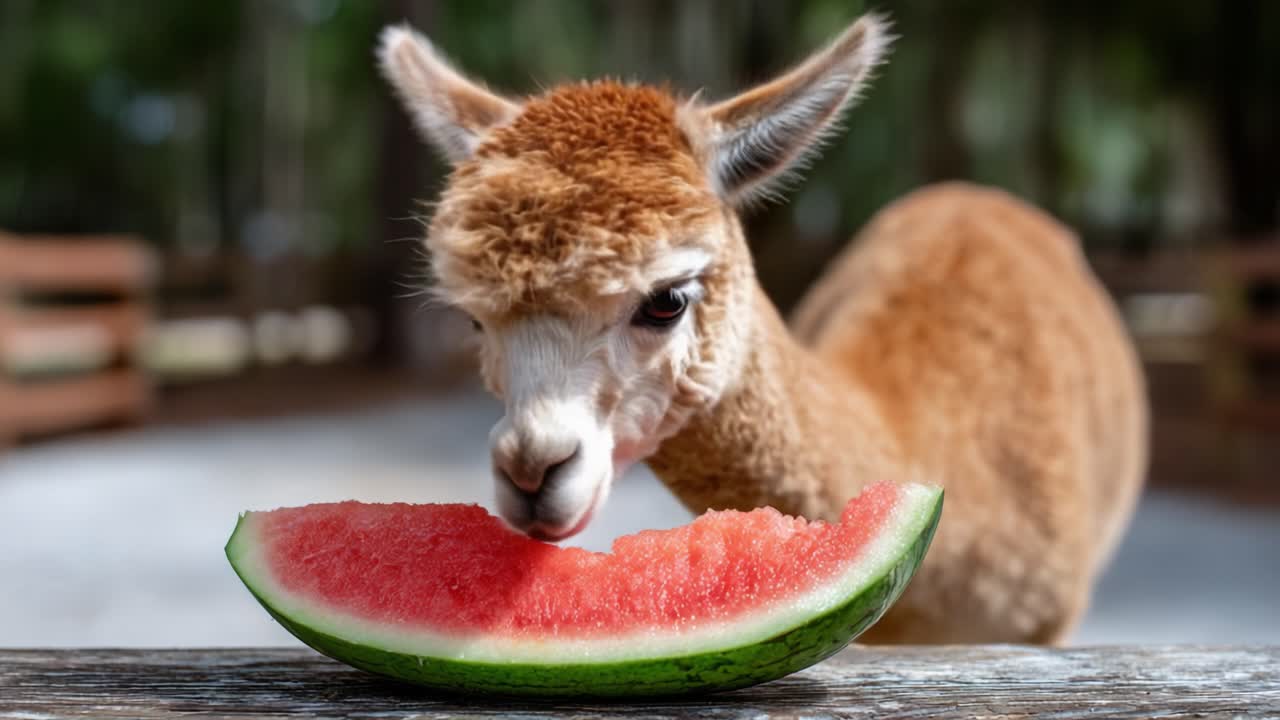 A Curious Alpaca Enjoys a Refreshing Watermelon Slice in a Serene Outdoor Setting, Capturing the Joy of Animals and Nature Together