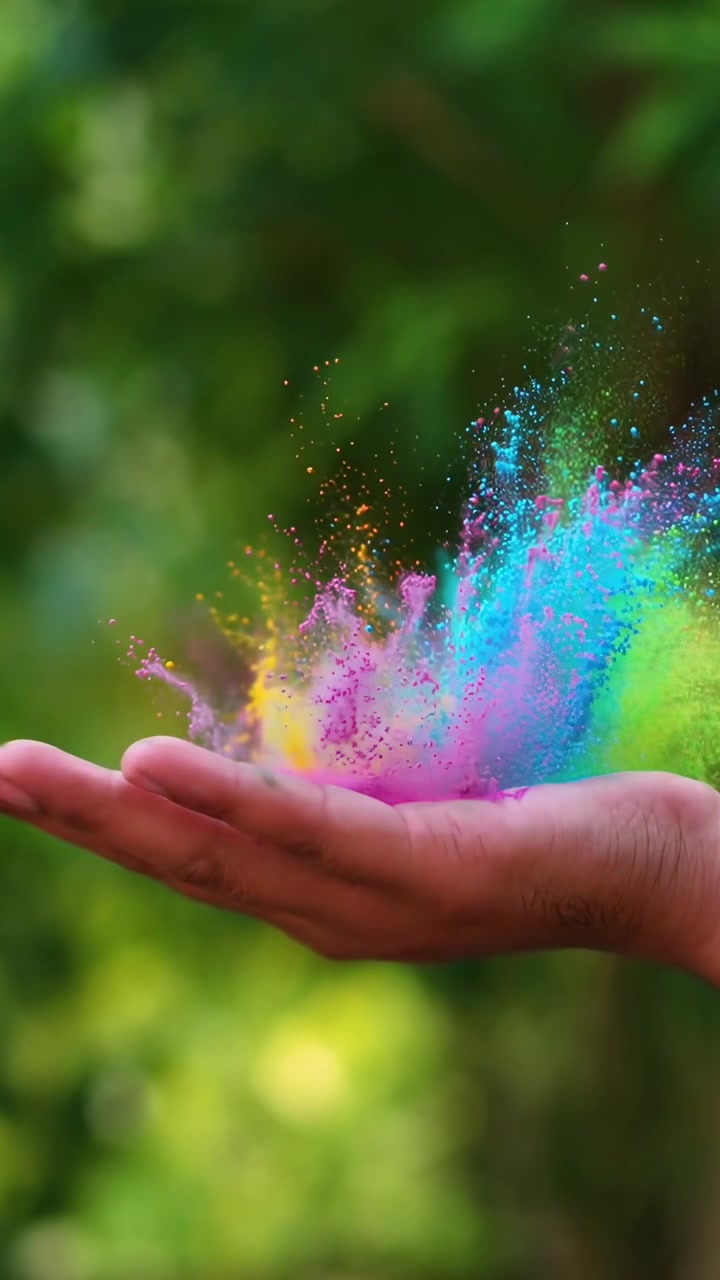 Mano che tiene polvere Holi colorata in esplosione al rallentatore.