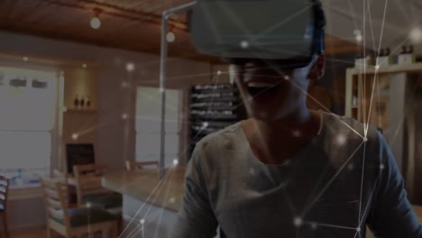 animación de la red de conexiones sobre mujer de negocios con auriculares vr