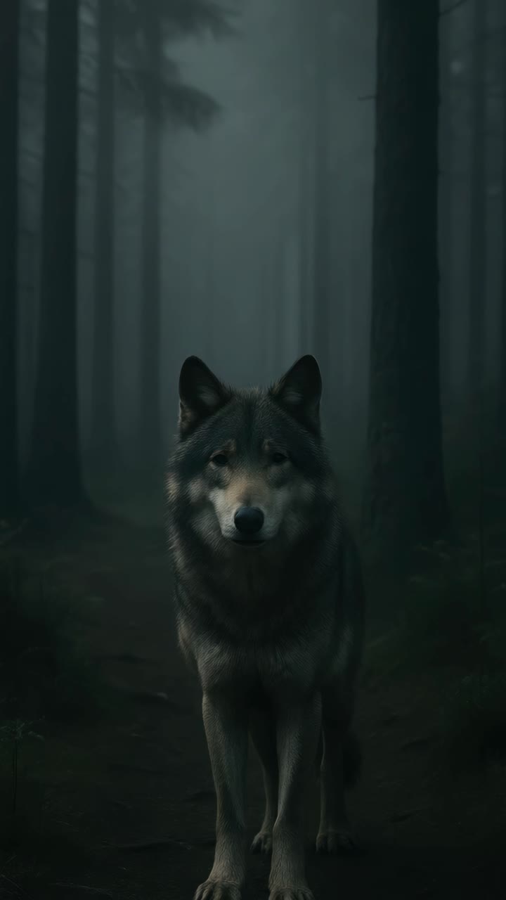 A mysterious wolf in a foggy forest, captured from a low angle. The scene evokes a cinematic video