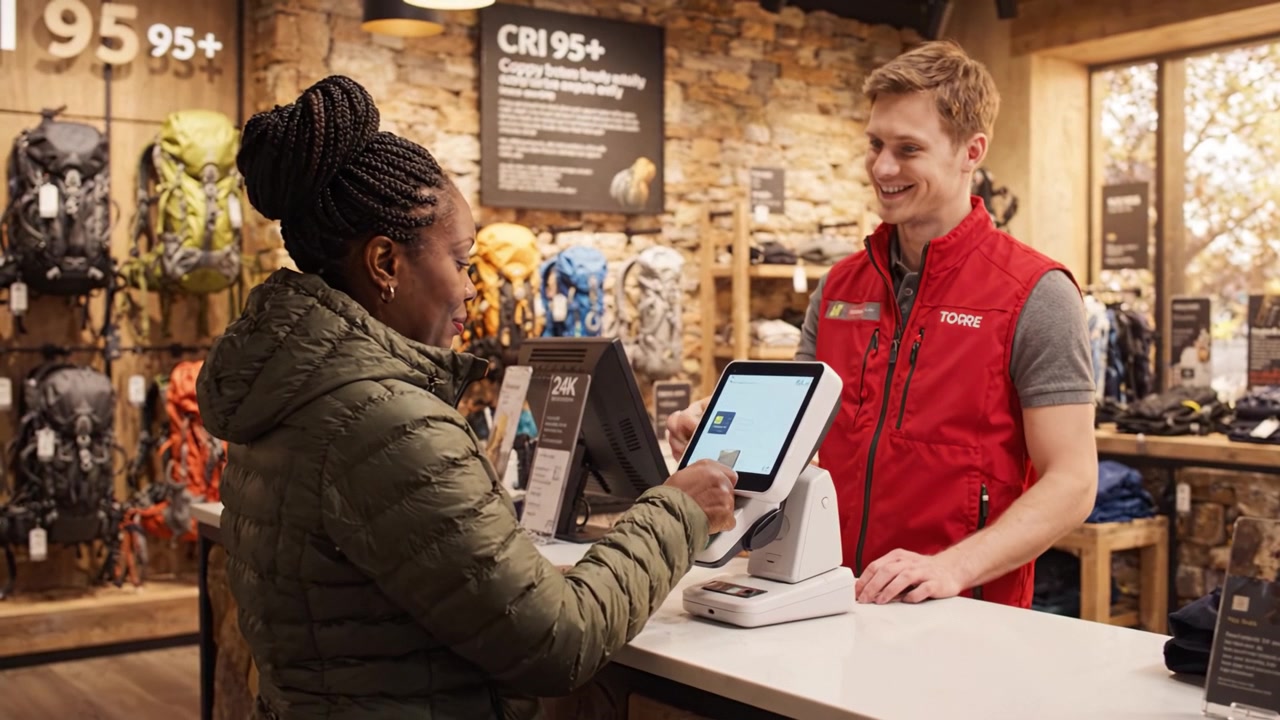 Customer Checkout Experience in a Retail Store with Cashier Assisting during Payment Transaction at the Counter with Outdoor Gear Displayed in the Background