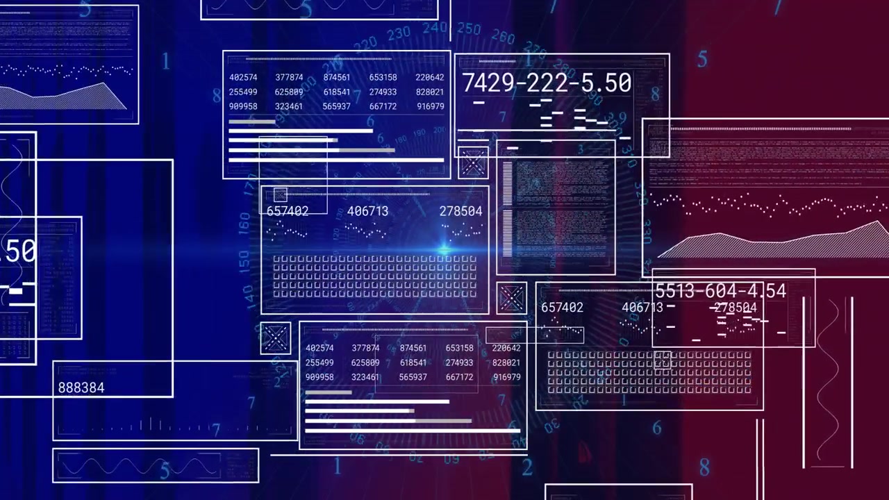 Displaying futuristic dashboard showing translucent data panels with code windows, numeric readouts
