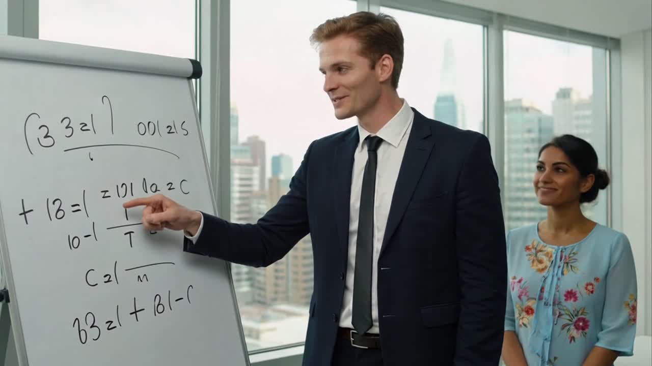 Business man presenting complex data to smiling woman
