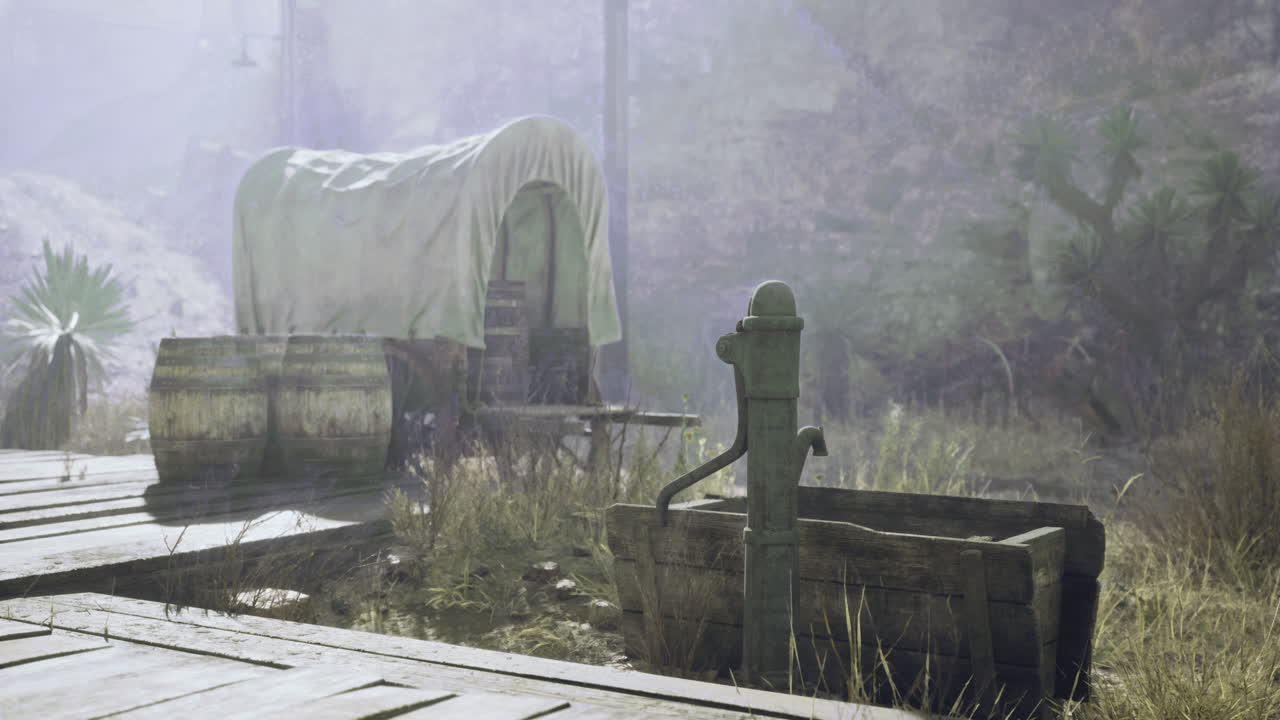 Historic wagon and water pump set in a dusty landscape at dawn