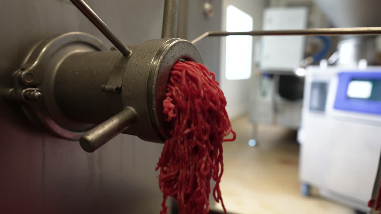 Grinding raw beef at a meat processing plant with strings coming out of spout, Close up shot