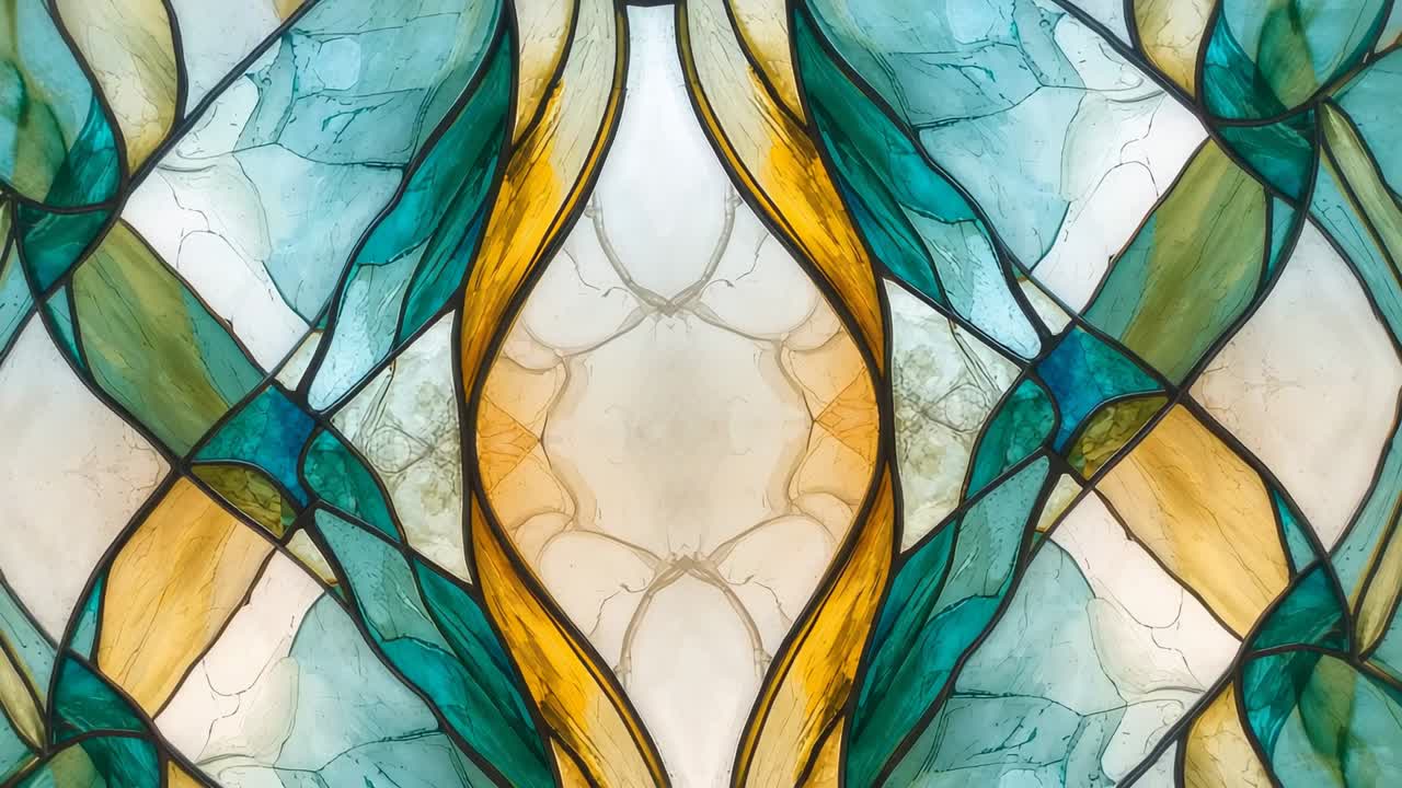 Opening symmetrical pattern shimmering on screen, with golden ribbons, teal panels, white sections