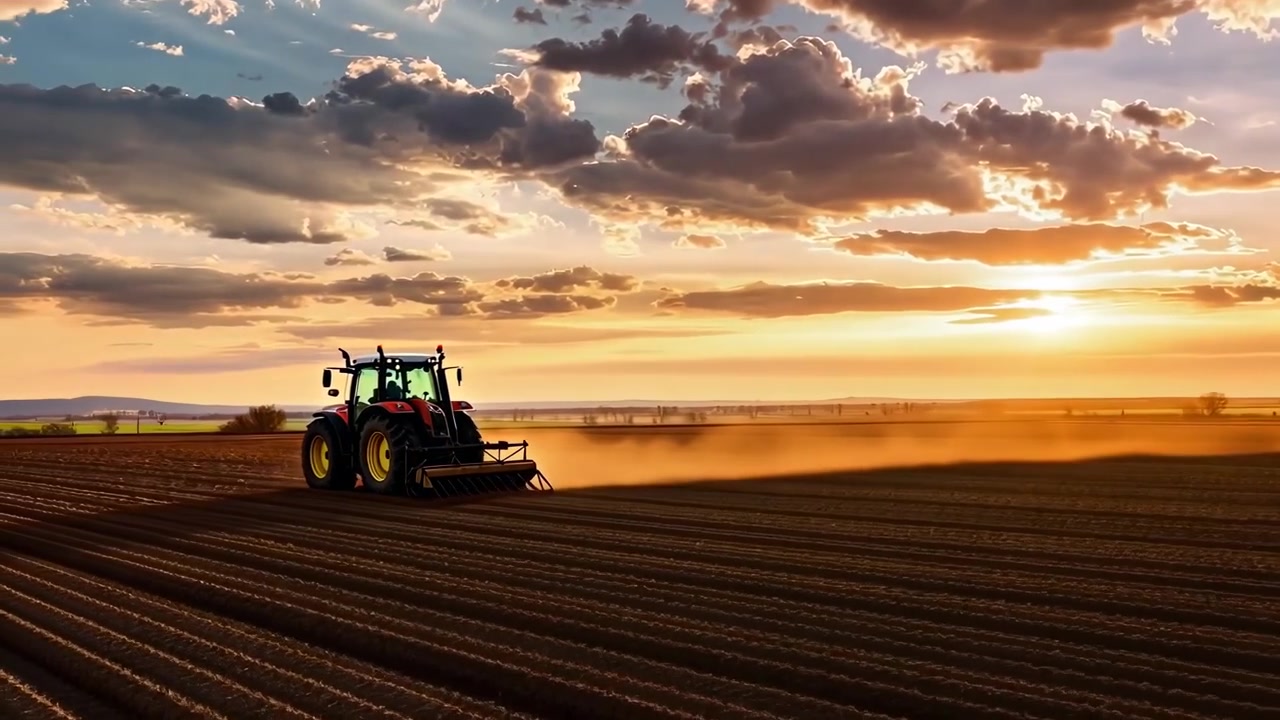 Trattore agricolo che ara un campo al tramonto durante l'ora d'oro
